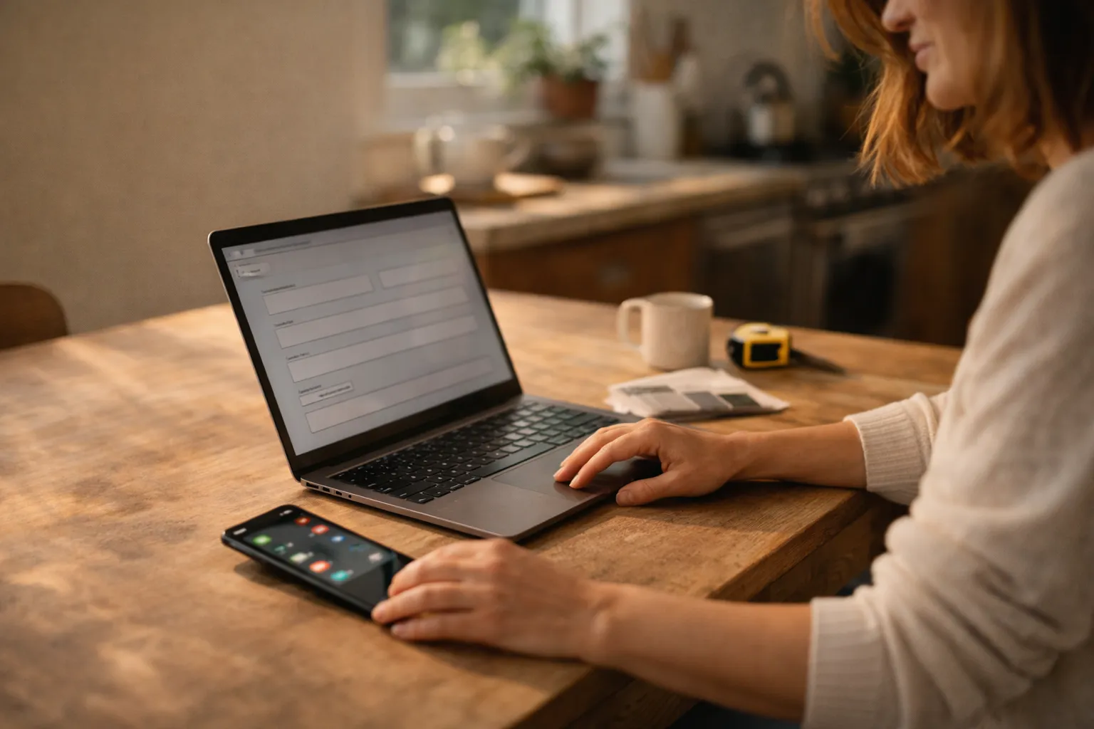 Homeowner submitting a home improvement request at a kitchen table
