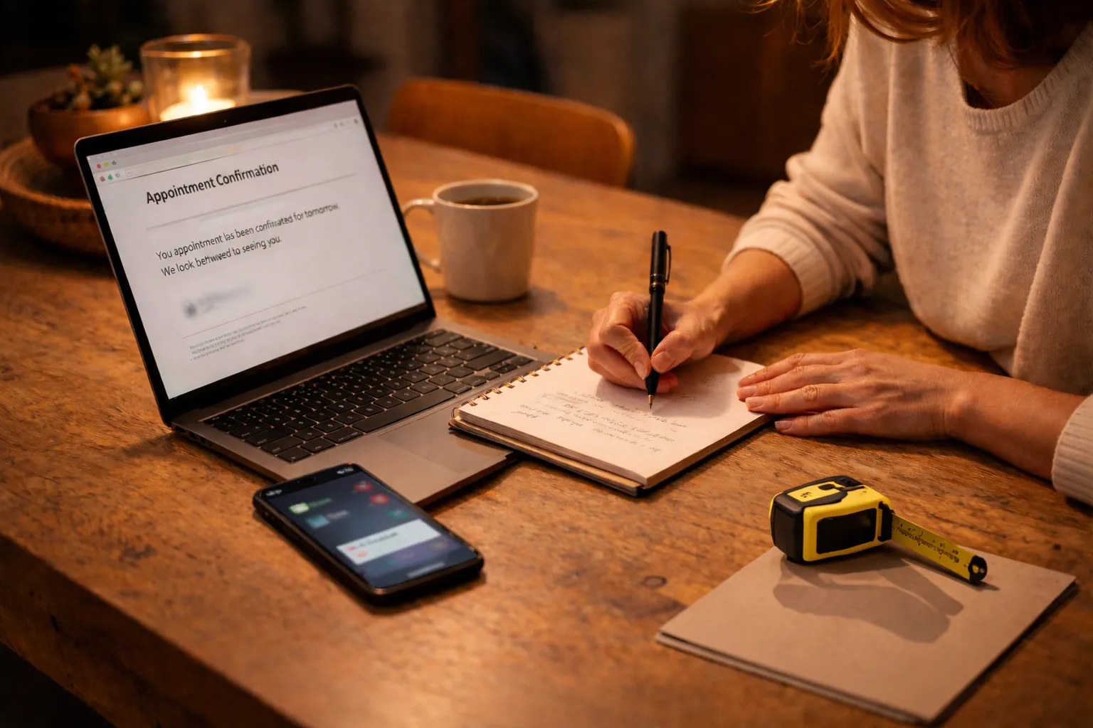 Homeowner preparing questions and confirming a home improvement appointment