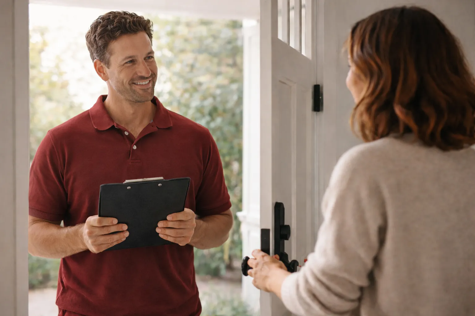 Homeowner meeting a consultant at home for a scheduled project evaluation