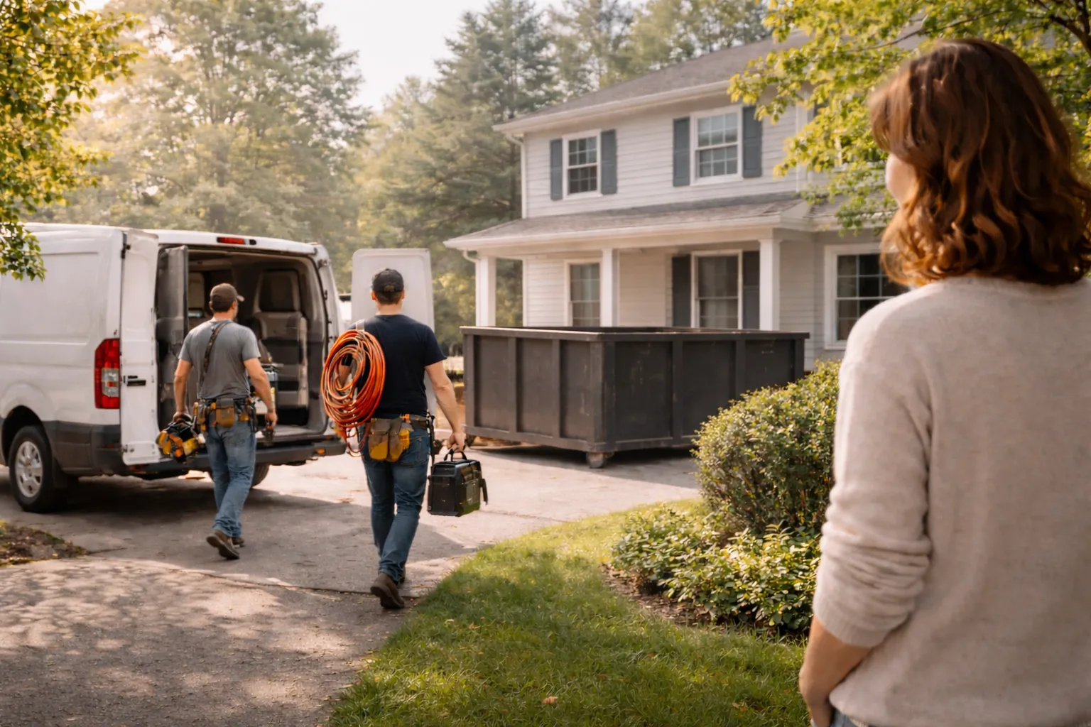 Installation crew arriving and preparing to work at a home