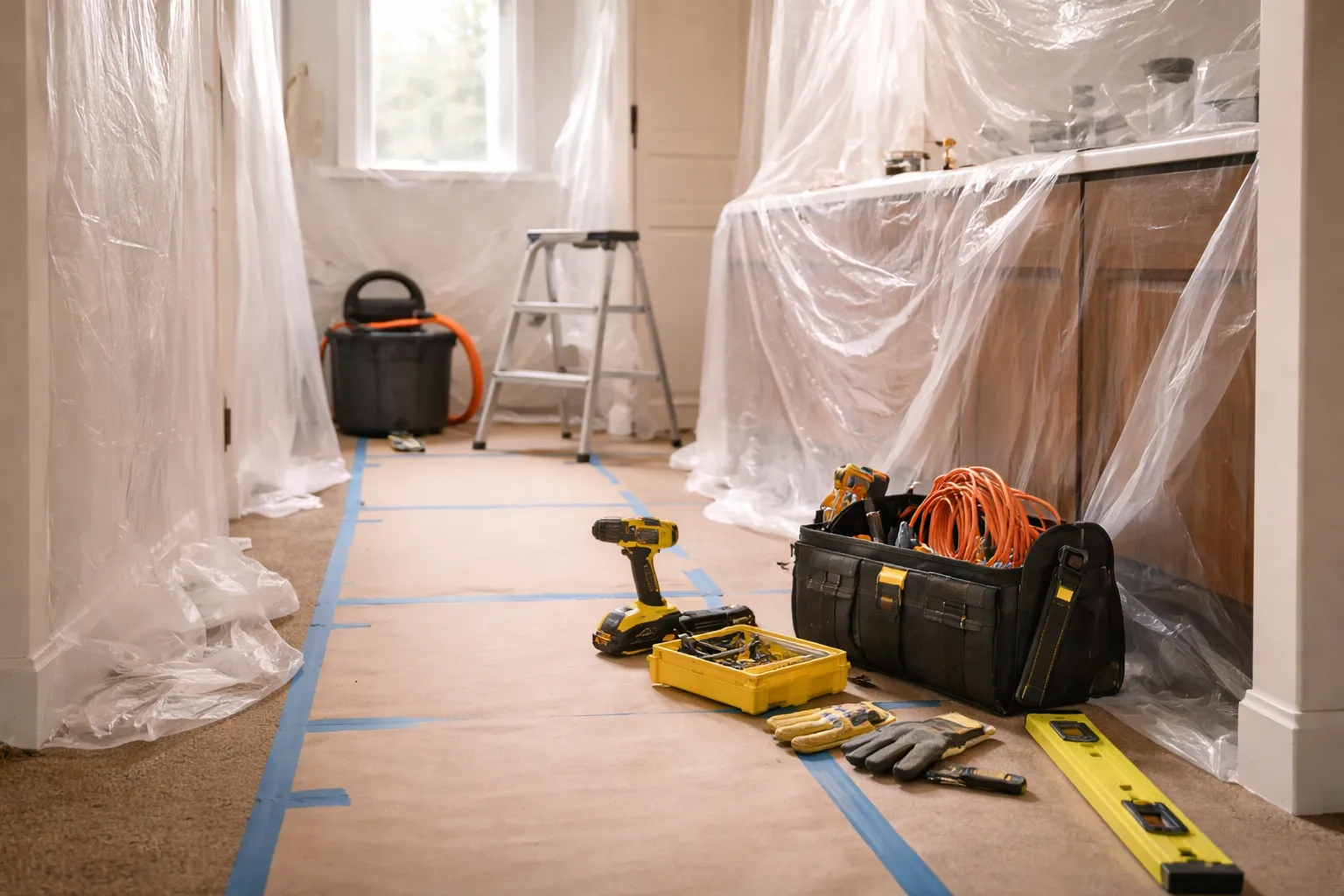 Tools and protective materials set up during a home installation