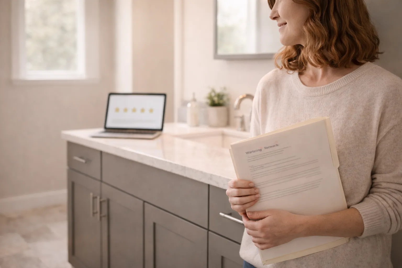 Homeowner reviewing completed work and post-install documents after a home improvement project